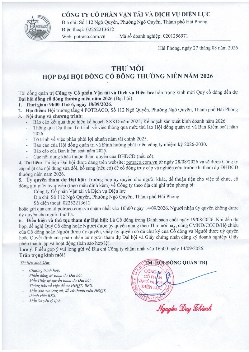 Thư mời họp Đại hội đồng Cổ đông năm 2026